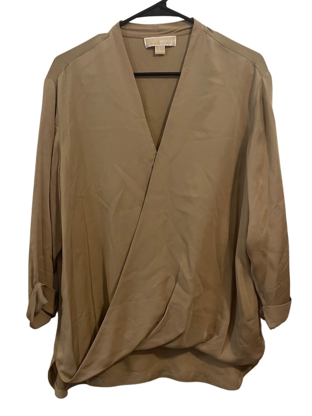 Michael Kors Pure Silk Draped Wrap-Effect Blouse in Khaki